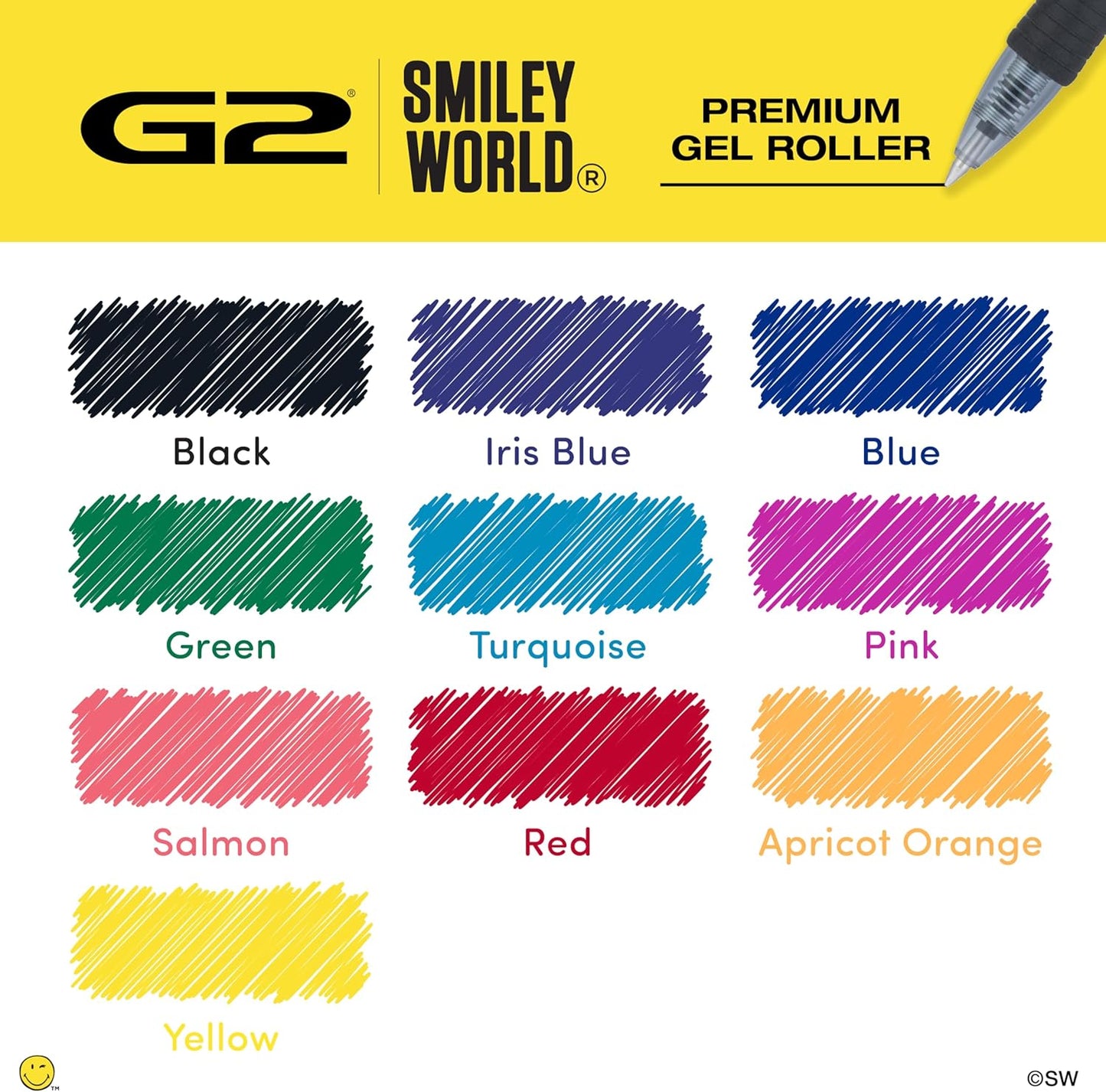 PILOT, G2 Premium Gel Roller Pens, G2 SmileyWorld Collection, Write Happier, 10 Pack Pouch, Fine Point 0.7 mm, Assorted