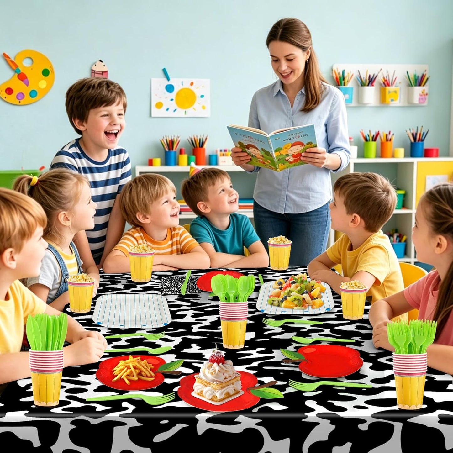 170 Pcs Back to School Party Supplies Tableware Set Red Apple Pencils Paper Plates Napkins Cups Composition Notebook Disposable Tablecloth for Preschool First Day of School Graduation Party, Serves 24