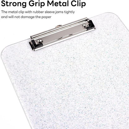 A4 Plastic Glitter Clipboard, Sparkly Pink 12.5 x 9 Letter Size for Classroom, Students, Teacher, Nurse, 8.5 x 11 Clip Board with Low Profile Clip, Office & School Supplies