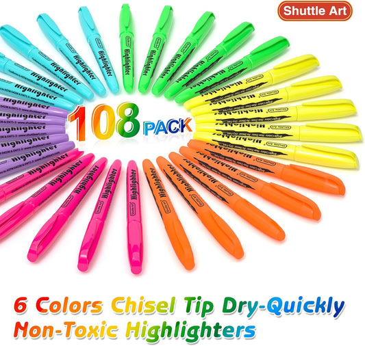 Shuttle Art 108 Pack Highlighters, Highlighters Assorted Colors Set, 6 Bright Colors Chisel Tip Dry-Quickly Non-Toxic Highlighter Markers Bulk for Adults Students Highlighting in Home School Office