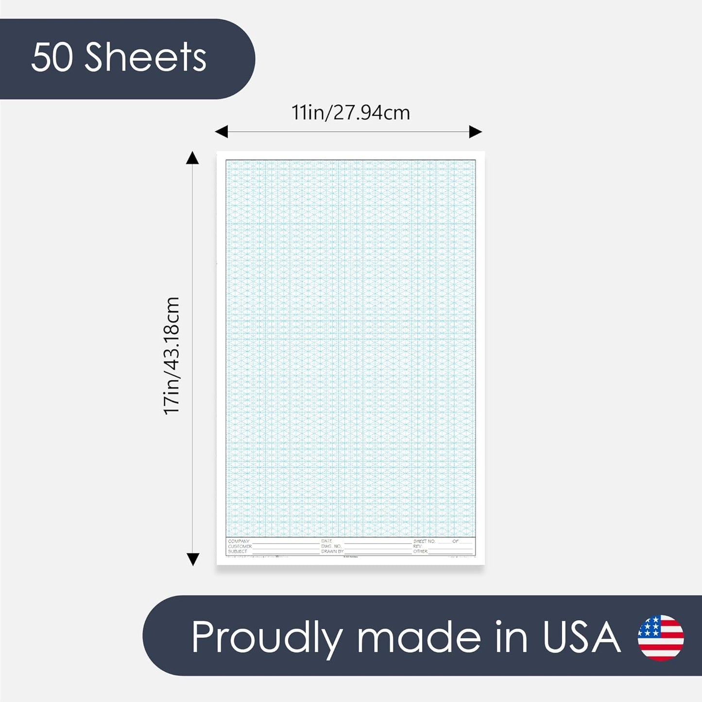 GeekNavy 8.5" x 11" Isometric Graph Paper 50 Sheets Portrait - 0.25" Grid, Non-photo Blue, High Brightness, Drafting, Engineering, Art, 3D Design (1-Pack)