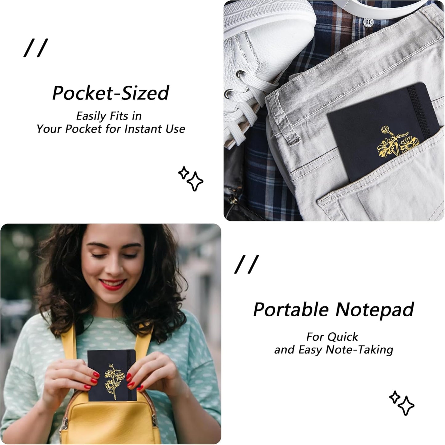 BOBO RABBIT 3 Pack Pocket Notebook Journals Mini A6 Sunflower Floral Notepads Total 600 Pages Aesthetic Hardcover College Ruled Lined Notebooks for Note Taking Travel Office School Supplies, 3.7"x 5.7"