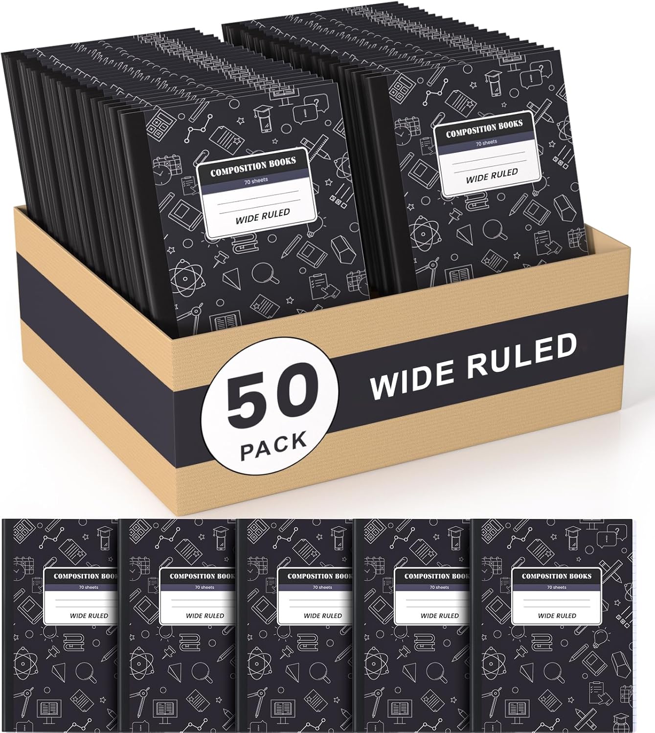 Oucaru Composition Notebook 50 Pack Bulk College Ruled, Brown Cover Notebooks for School, 70 Sheets 7-1/2"x9-3/4, Back to School Supplies Journal for K-12 Students