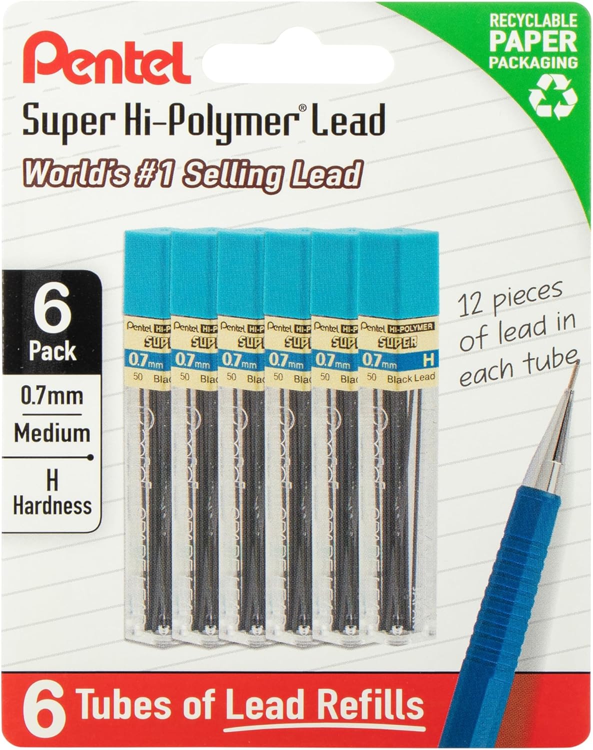 Pentel Super Hi-Polymer Lead Refills, 0.7 mm, 2B, 72 Pieces (12 pcs per tube, 6 tubes)