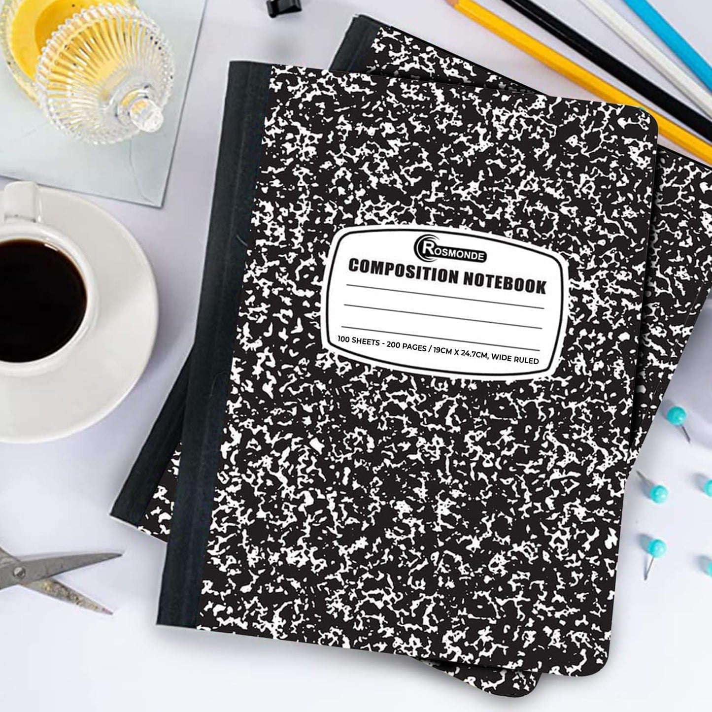 Rosmonde 12 Pack Composition Notebook Wide Ruled Bulk, 200 Pages (100 Sheets), 9-3/4 x 7-1/2", Hard Cover Wide Ruled Notebook Bulk, Black Marble Composition Notebooks, Bulk School Notebooks
