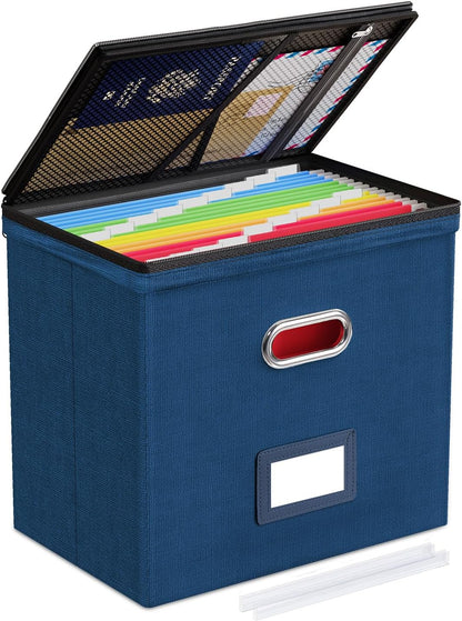 Oterri 2 Pack File Organizer Boxes with Lids, File Box with Mesh Pockets, Document Organizer Box for File Folders Letter Size, Zippers Filing Box for Home, Office, School (Green, Without Folders)