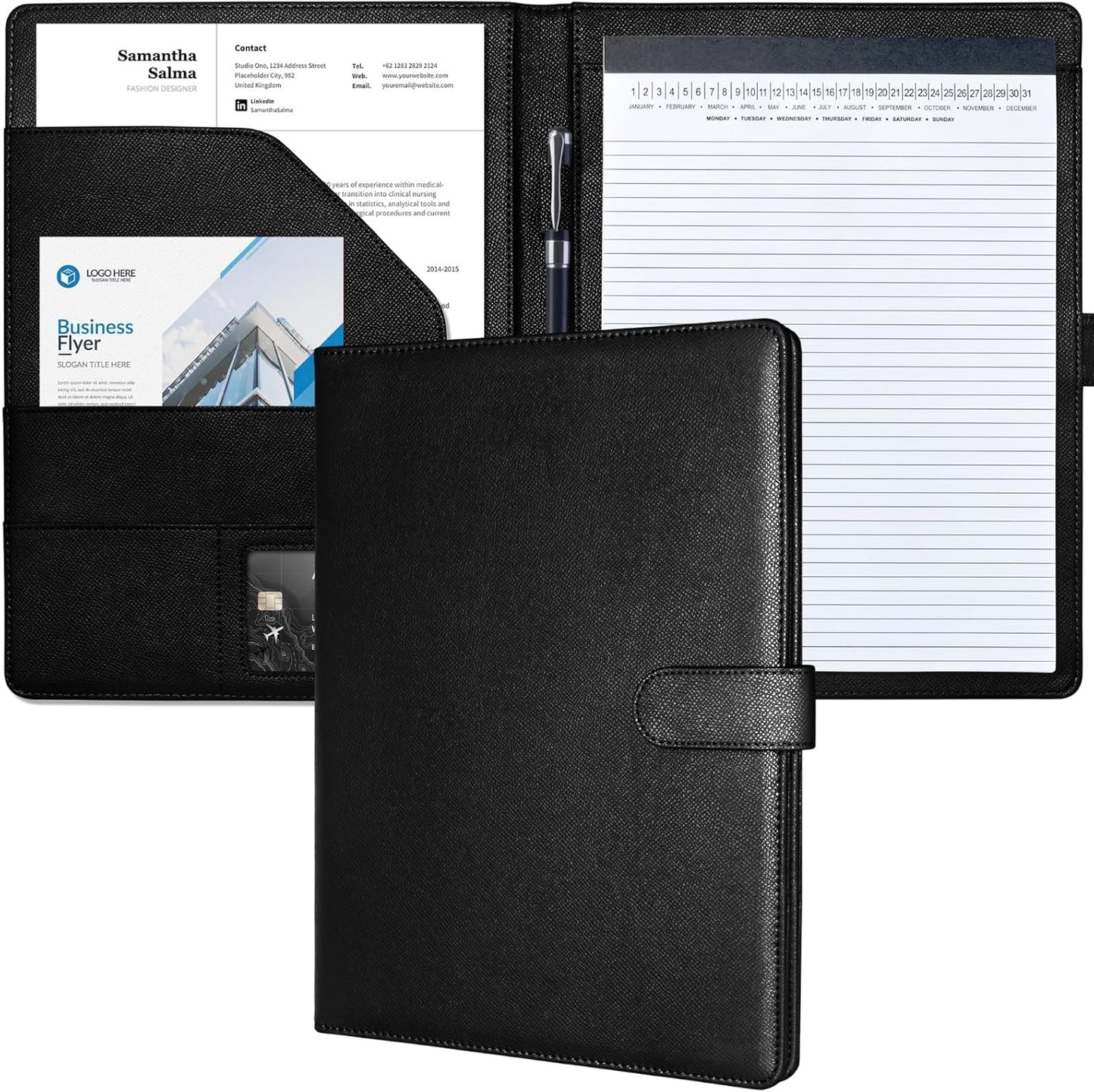 Mymazn Padfolio Portfolio Folder, Faux Leather Interview Resume Folder with Document Organizer & Business Card Holder, Letter-Sized Notepad Legal Pad Holder for Men Women (Sage Green)