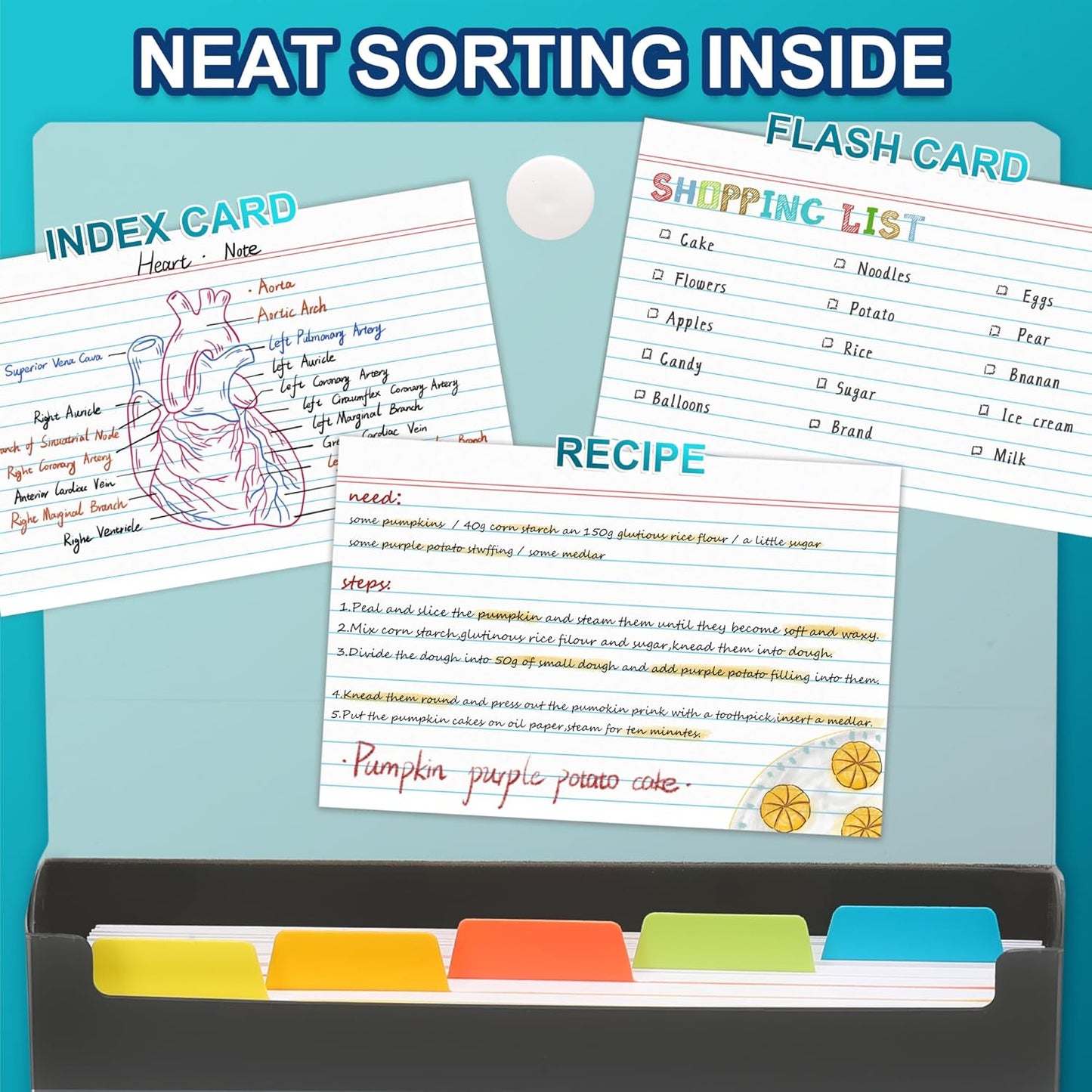 H4D 3x5 Index Card Case with 100 Heavyweight Ruled Index Cards and Dividers, Black