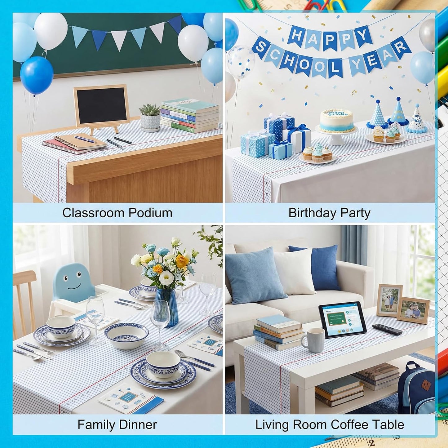 Breling 4 Pcs Preschool Graduation Decorations Table Runner Kindergarten Graduation Tablecloth Composition Pencil Crayon Ruler Notebook Table Runner for School Dining Room Classroom Party Decoration