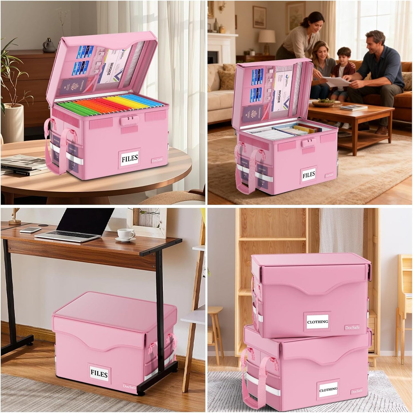 DocSafe Fireproof Document Box with Lock, File Storage Organizer with Mesh Pockets, Collapsible Portable File Box Home Office Safe Filing Cabinet with Handle for Hanging Letter/Legal Folder, Black