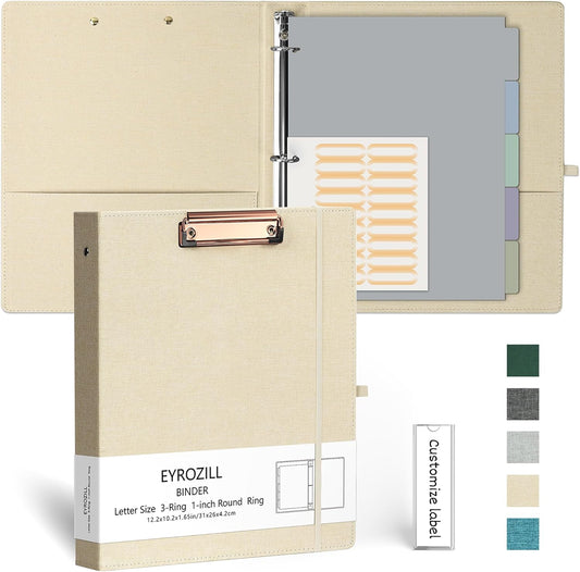 EYROZILL 3 Ring Binder 2 Inch, Binder for Letter Size (11" x 8.5") with 5 Tab Dividers, File Folder Labels and Low Profile Clipboards, Tulip White