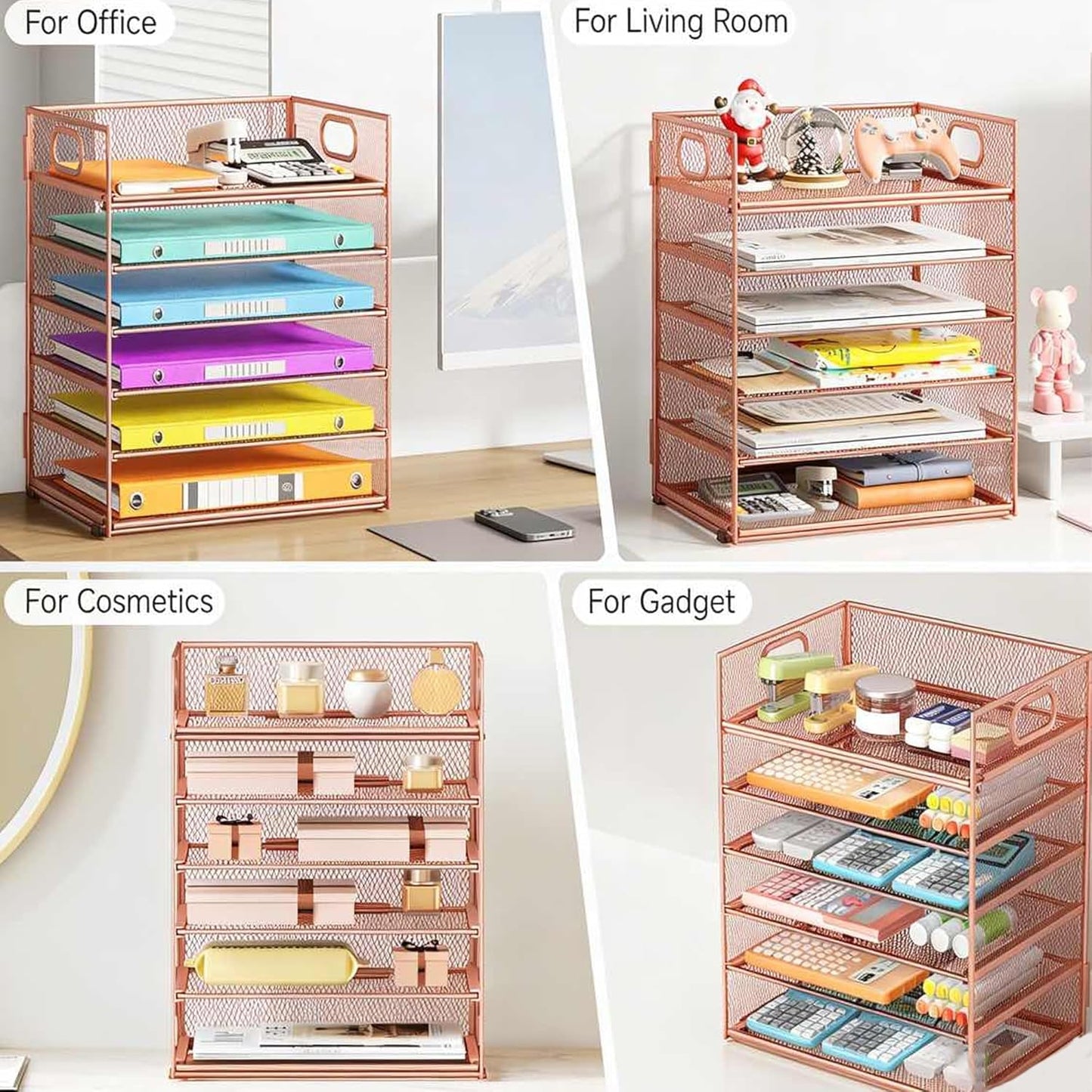 Lavatino 5 Tray Desk File Organizer, Black Mesh Paper Sorter Letter Tray Organizer with Handle, Desktop File Organizer and Storage for Letter/A4 Office File Folder