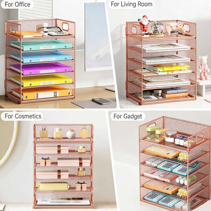 Lavatino 5 Tray Desk File Organizer, Black Mesh Paper Sorter Letter Tray Organizer with Handle, Desktop File Organizer and Storage for Letter/A4 Office File Folder