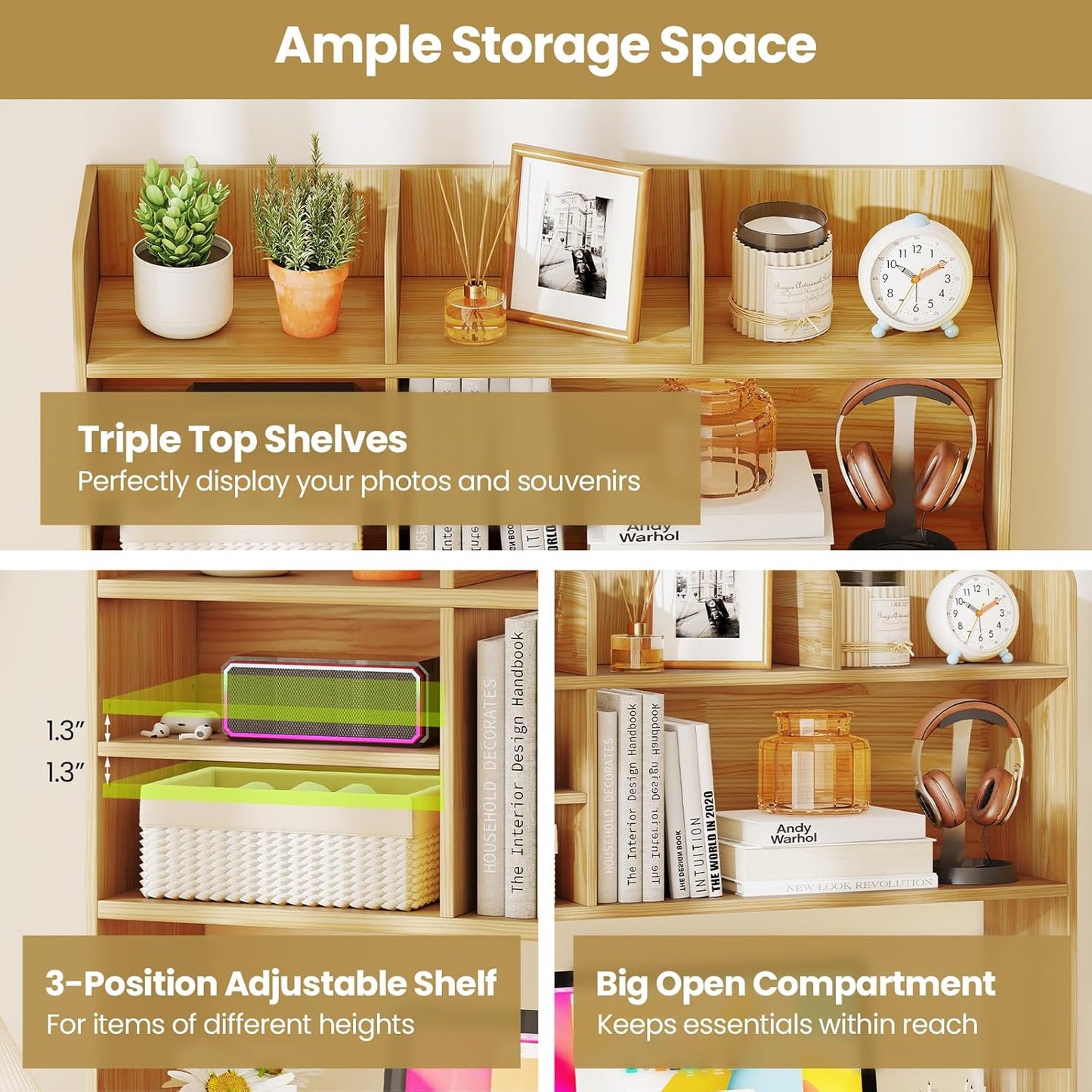 Tangkula Desktop Bookshelf, Countertop Storage Hutch with 5 Shelves for Computer Desk, Desk 3-Tier Display Rack, Multipurpose Wood Desktop Hutch Storage Organizer for Dorm Office Home