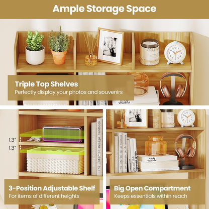 Tangkula Desktop Bookshelf, Countertop Storage Hutch with 5 Shelves for Computer Desk, Desk 3-Tier Display Rack, Multipurpose Wood Desktop Hutch Storage Organizer for Dorm Office Home
