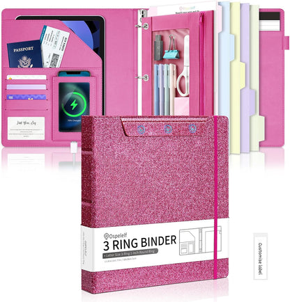 Ospelelf Glitter Leather Clipboard Binder 1 Inch, Magnetic Clipboard Folio Organizer with 5 Pocket Dividers & Zipper Pouch, Cute 3 Ring Document Organizer Binder for Office, Glitter Pink