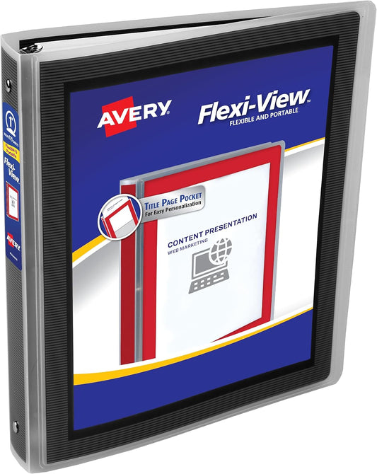 Avery Flexi-View 3 Ring Binder, 1 Inch Round Rings, 1 Black Binder (17686)