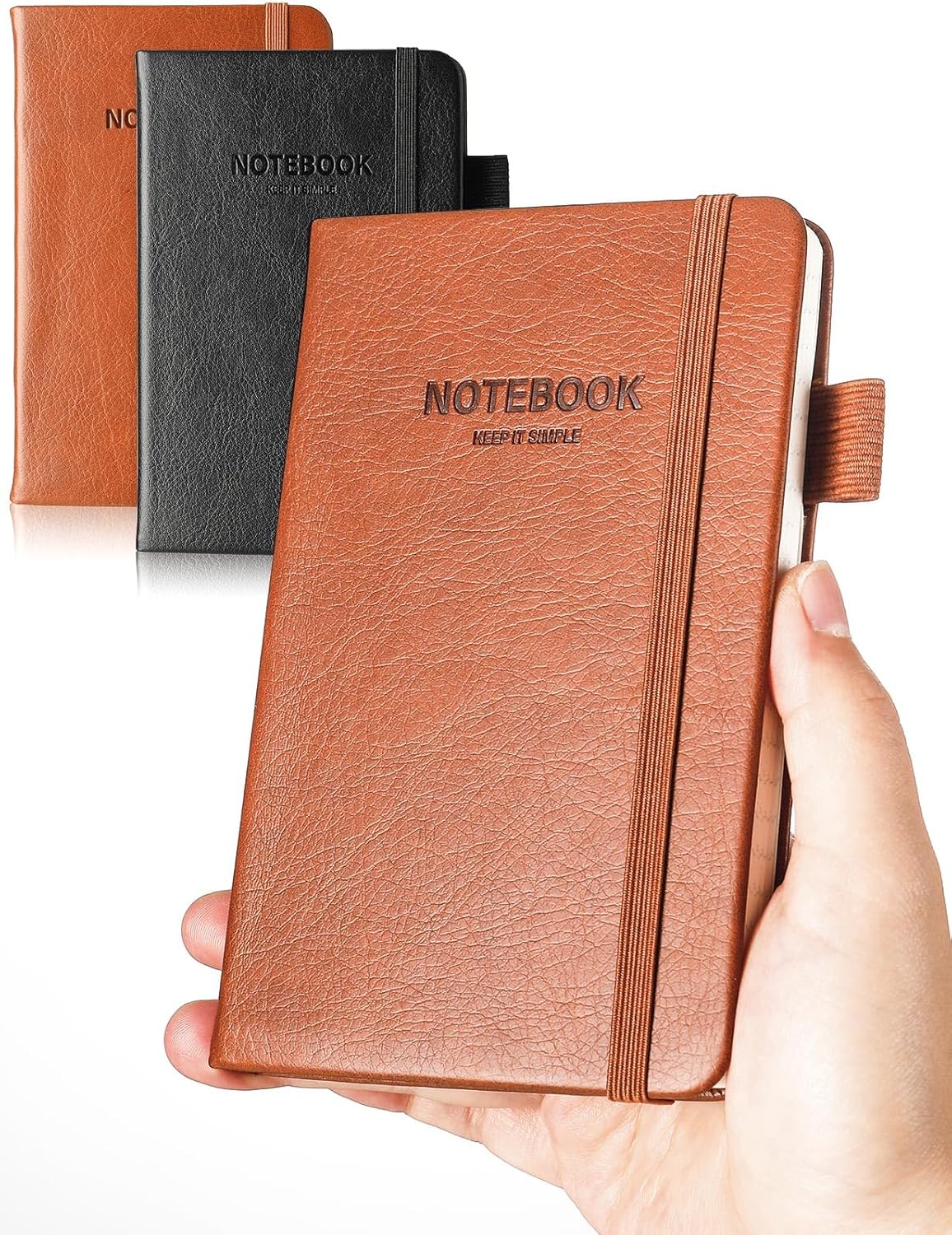 AISBUGUR Pocket Notebook Small Notebook 2-Pack, 3.7" x 5.7" Pocket Notebooks Hardcover with Thick Lined Paper, Inner Pockets, Cover Letter Embossing Design Mini Journal Notepad Black+Brown