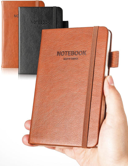 AISBUGUR Pocket Notebook Small Notebook 2-Pack, 3.7" x 5.7" Pocket Notebooks Hardcover with Thick Lined Paper, Inner Pockets, Cover Letter Embossing Design Mini Journal Notepad Black+Brown