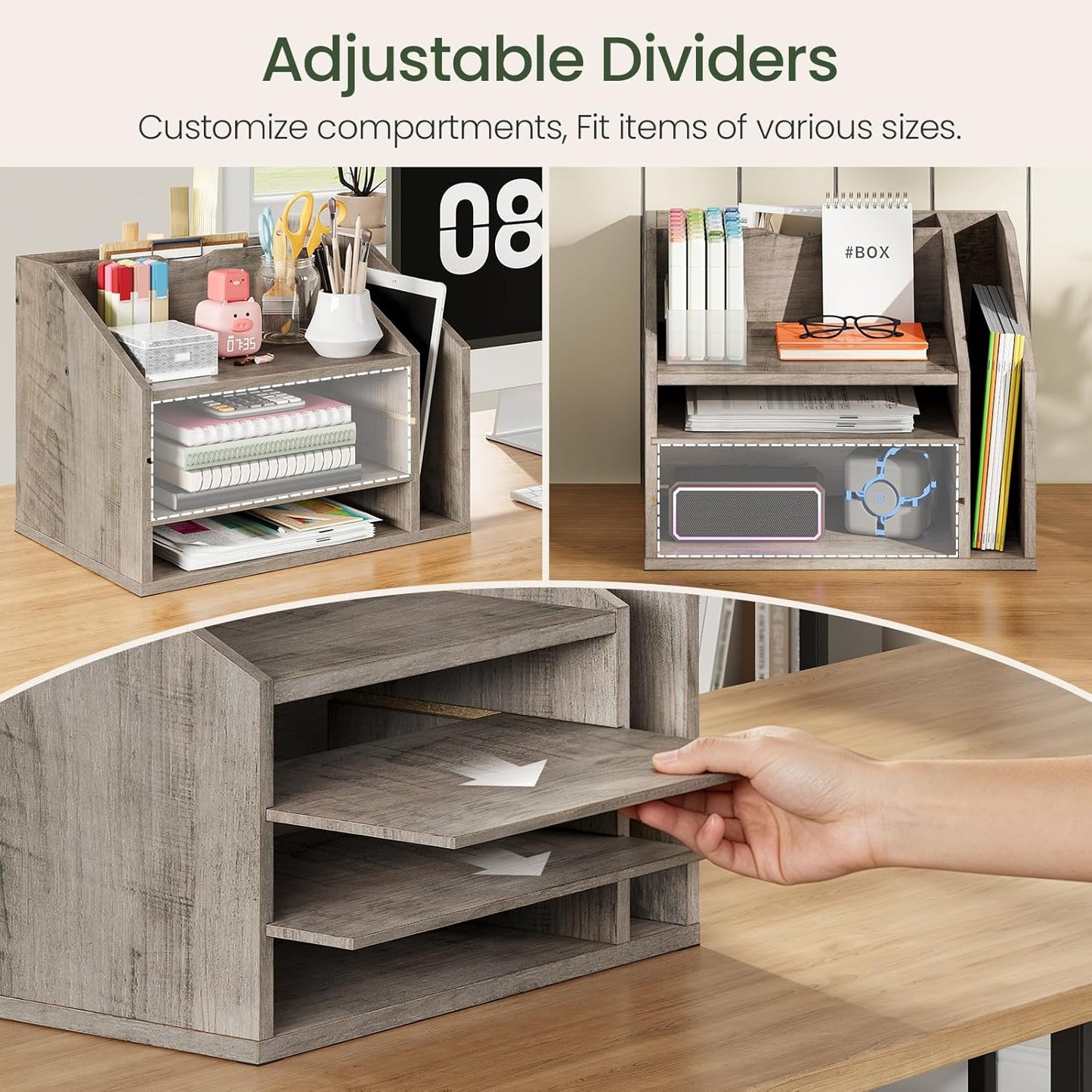 CHOEZON Wooden Desk Organizer with Adjustable Partitions, Multi-Layer Desktop File Holder for Home Office, Paper & Stationery Storage Organizer, Rustic Brown MWJ04FG