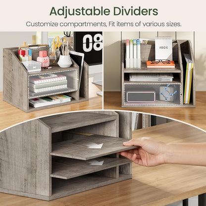 CHOEZON Wooden Desk Organizer with Adjustable Partitions, Multi-Layer Desktop File Holder for Home Office, Paper & Stationery Storage Organizer, Rustic Brown MWJ04FG