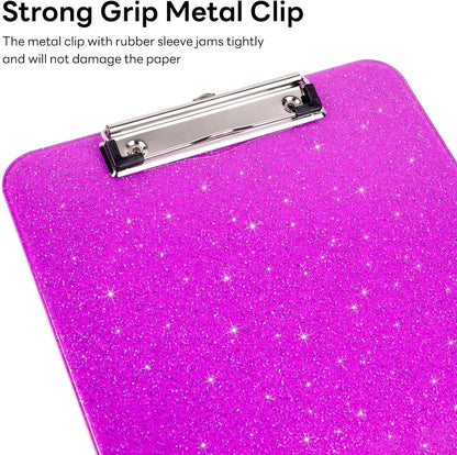 A4 Plastic Glitter Clipboard, Sparkly Pink 12.5 x 9 Letter Size for Classroom, Students, Teacher, Nurse, 8.5 x 11 Clip Board with Low Profile Clip, Office & School Supplies