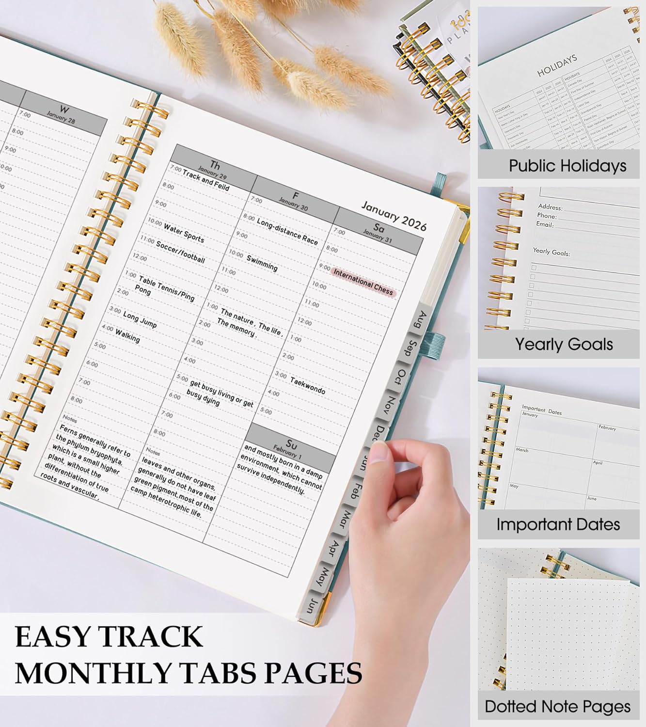 2026 Planner, Weekly and Monthly Calendar Planner from January 2026 - December 2026, 8.5" x 11" Hardcover Leather Hourly Appointment Book with Tabs, Spiral Daily Planners for School Work Home, Green