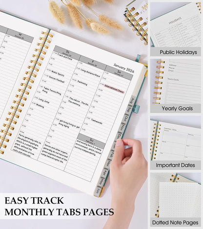 2026 Planner, Weekly and Monthly Calendar Planner from January 2026 - December 2026, 8.5" x 11" Hardcover Leather Hourly Appointment Book with Tabs, Spiral Daily Planners for School Work Home, Green