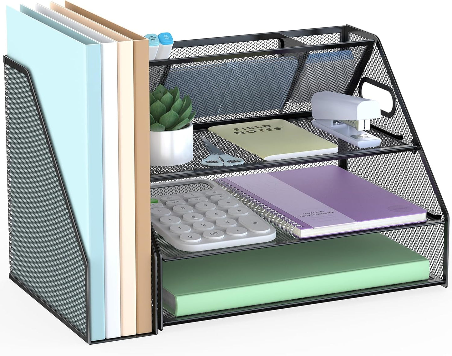 Docnest 5 Tier Letter Tray with Hanging File Organizer-Mesh Desk Organizer-Desktop Storage Box Built in Pen Holder and Handles, File Folder Holder for Mail Documents Office Supplies-Black