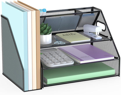 Docnest 5 Tier Letter Tray with Hanging File Organizer-Mesh Desk Organizer-Desktop Storage Box Built in Pen Holder and Handles, File Folder Holder for Mail Documents Office Supplies-Black