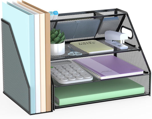 Docnest 5 Tier Letter Tray with Hanging File Organizer-Mesh Desk Organizer-Desktop Storage Box Built in Pen Holder and Handles, File Folder Holder for Mail Documents Office Supplies-Black