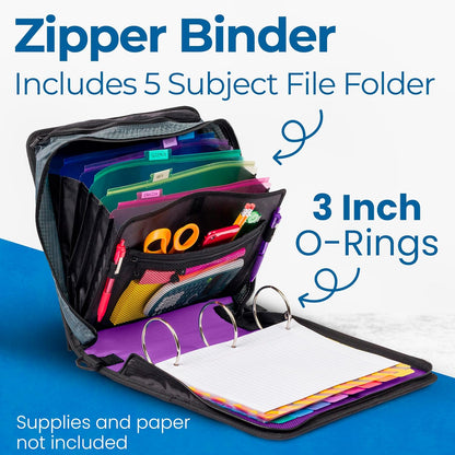 Case-it Mighty Zip Tab School Zipper Binder | 3-Inch O-Rings, 600-Sheet Capacity, 5-Subject Expanding File Folder, Multiple Pockets & Storage Organizer, Shoulder Strap | D-146 Jet Black