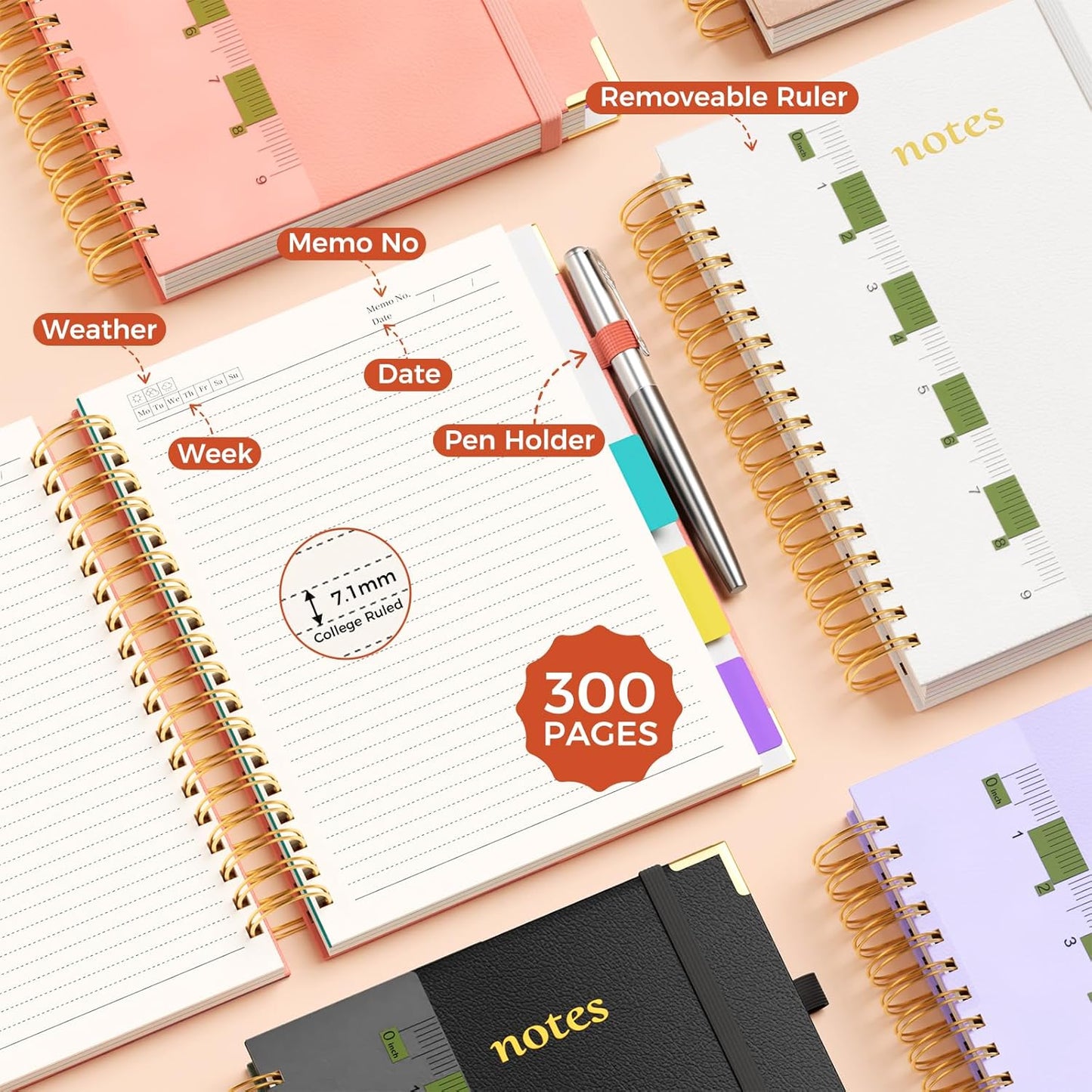 Line Hardcover Spiral Notebook with Removable Dividers Tabs & Ruler, 5 Subject Notebook College Ruled, 300 Page, Large 8"x10" B5 Notebooks for Work School, Lined Journal for Women & Men, Purple