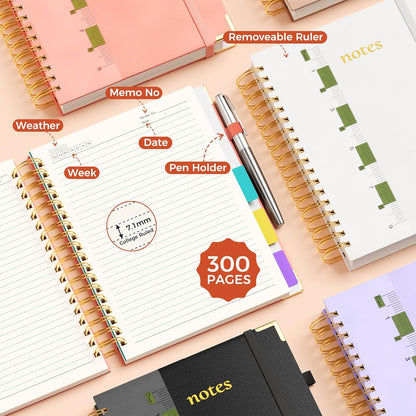 Line Hardcover Spiral Notebook with Removable Dividers Tabs & Ruler, 5 Subject Notebook College Ruled, 300 Page, Large 8"x10" B5 Notebooks for Work School, Lined Journal for Women & Men, Purple