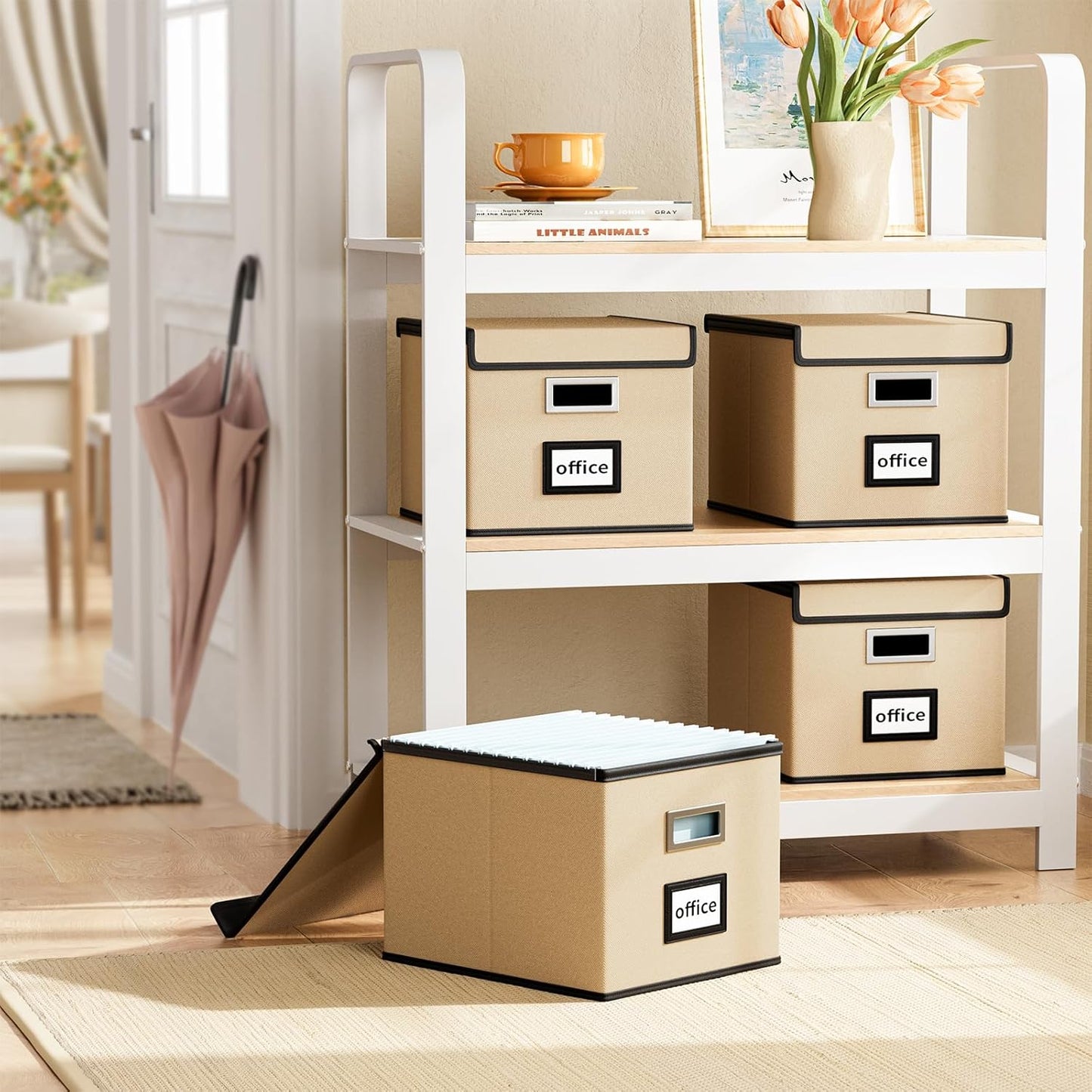 Huolewa Upgraded Portable File Organizer Box with Lid, Collapsible Linen Hanging Filing Storage Boxes with Plastic Slides, Decorative Home/Office Filing System Box for File and Folders Storage (Gray)