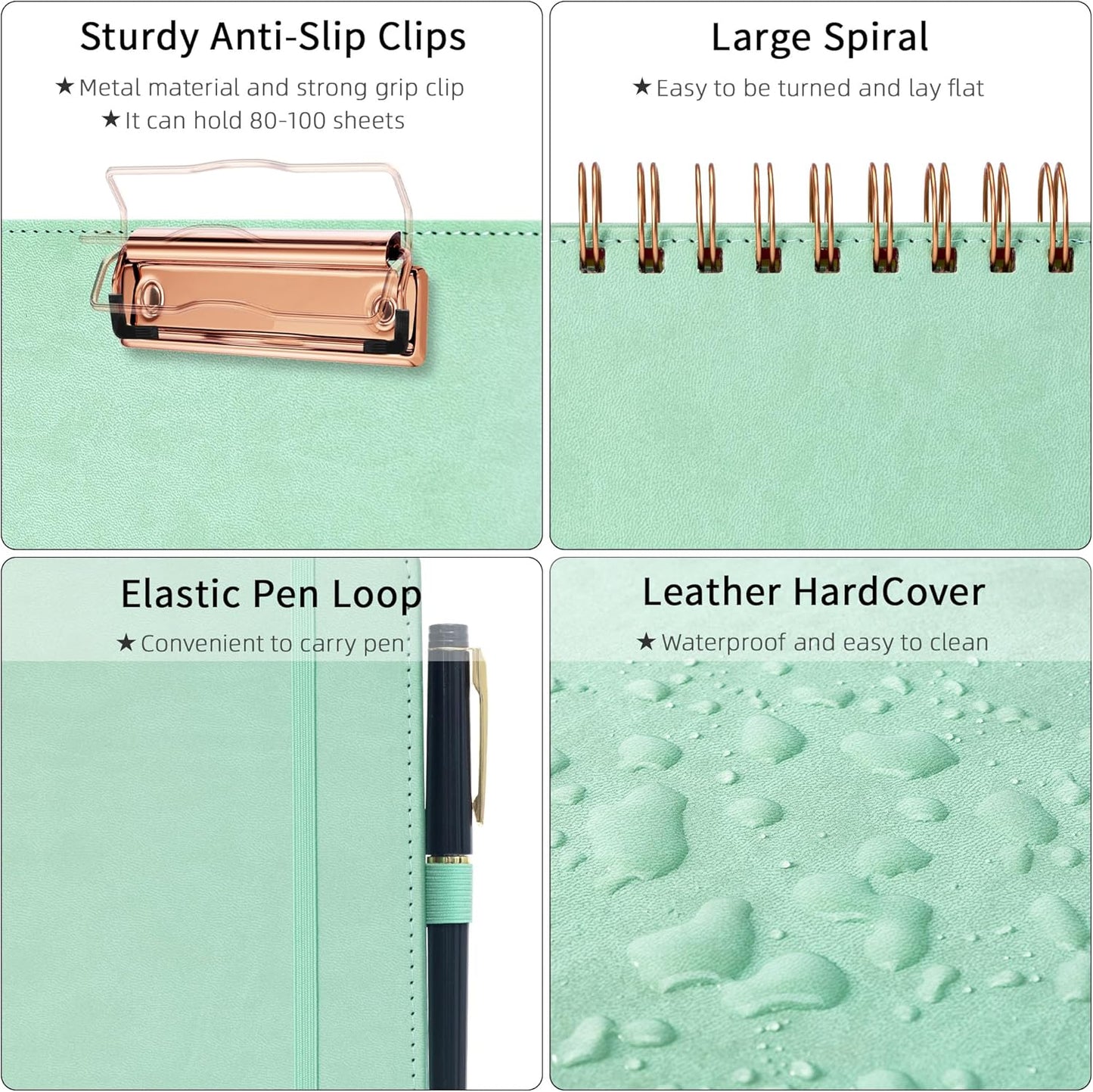 Ospelelf Leather Clipboard Folio with Notepad for Letter Size, Spiral Clipboard Folder with Storage Zipper Pouch, 5 Folders with 10 Pockets, 39 Divider Label Stickers, Pen Loop Series (Green)