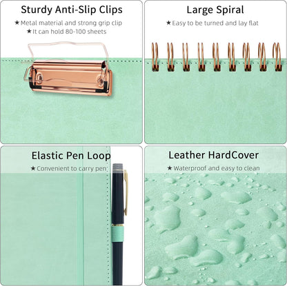 Ospelelf Leather Clipboard Folio with Notepad for Letter Size, Spiral Clipboard Folder with Storage Zipper Pouch, 5 Folders with 10 Pockets, 39 Divider Label Stickers, Pen Loop Series (Green)