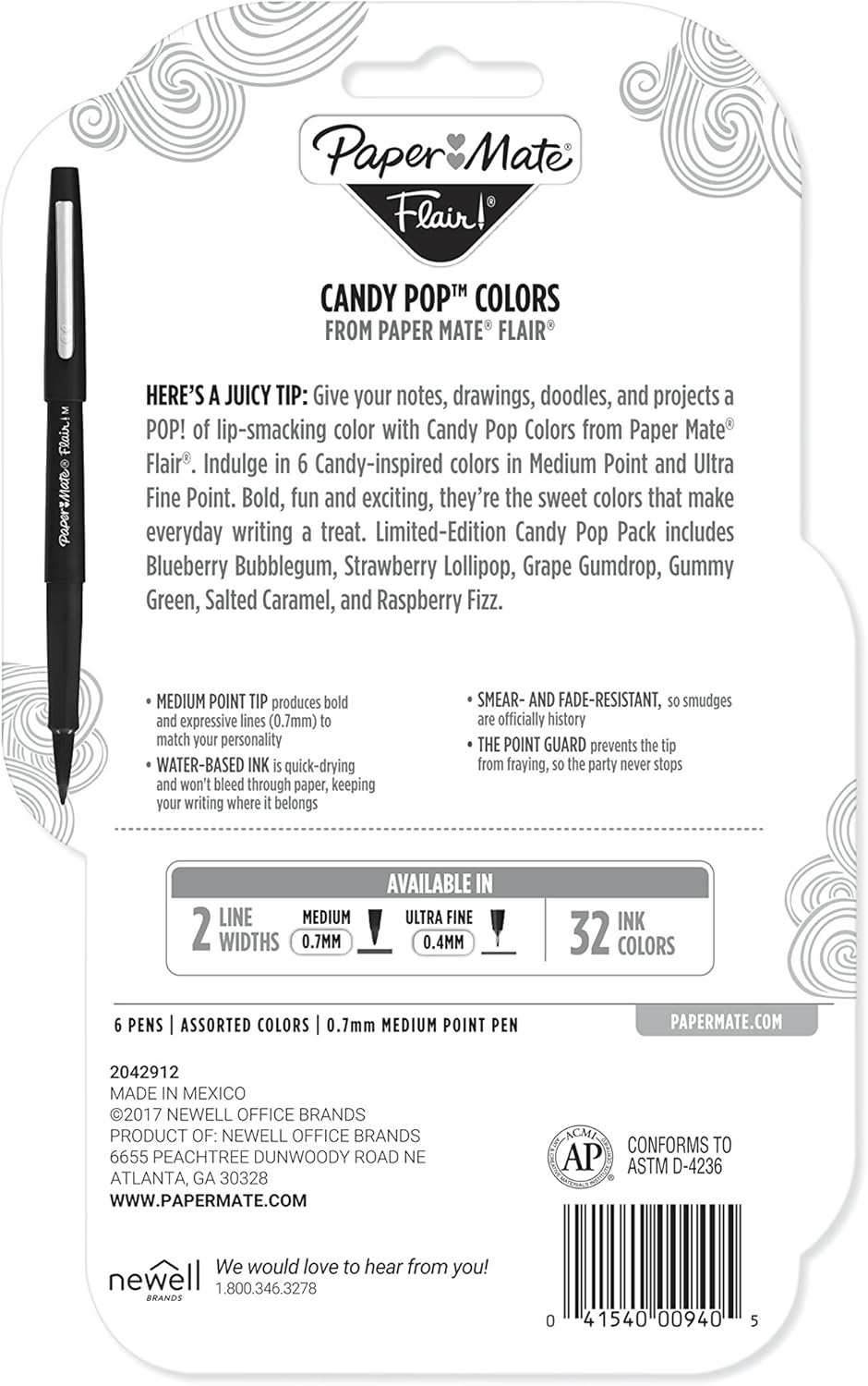 Paper Mate Flair Felt Tip Pens, Medium Point (0.7mm), Limited Edition Candy Pop Pack, 6 Count