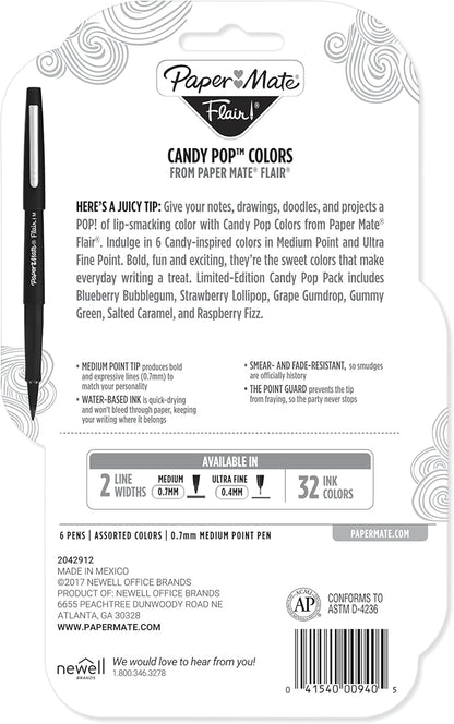 Paper Mate Flair Felt Tip Pens, Medium Point (0.7mm), Limited Edition Candy Pop Pack, 6 Count