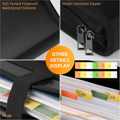 JUNDUN Accordion File Organizer - Fireproof Accordion Folder with Zipper & Labels - 13 Pocket Expanding File Folder with Multi-Pockets Document Organizer Folder for Letter A4 Files | Receipt and More