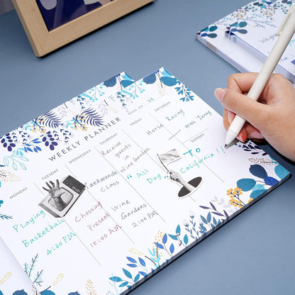 Weekly Planner Notepad Tear Off Set of 2 Weekly Calendar Pad 52 Undated To Do List Notepad Sheets Desk Planner Planning Pads Productivity Tracker for Work Goals Notes Schedule Ideas, Floral Blue