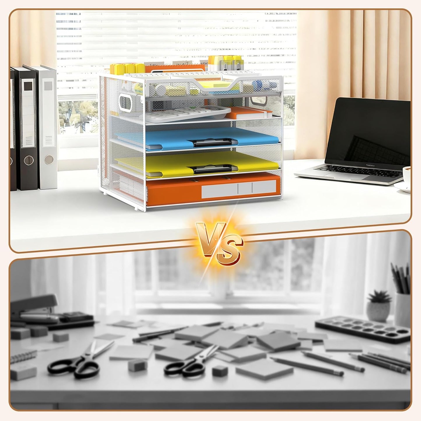 Docnest 5 Tier Letter Tray with Hanging File Organizer-Mesh Desk Organizer-Desktop Storage Box Built in Pen Holder and Handles, File Folder Holder for Mail Documents Office Supplies-Black