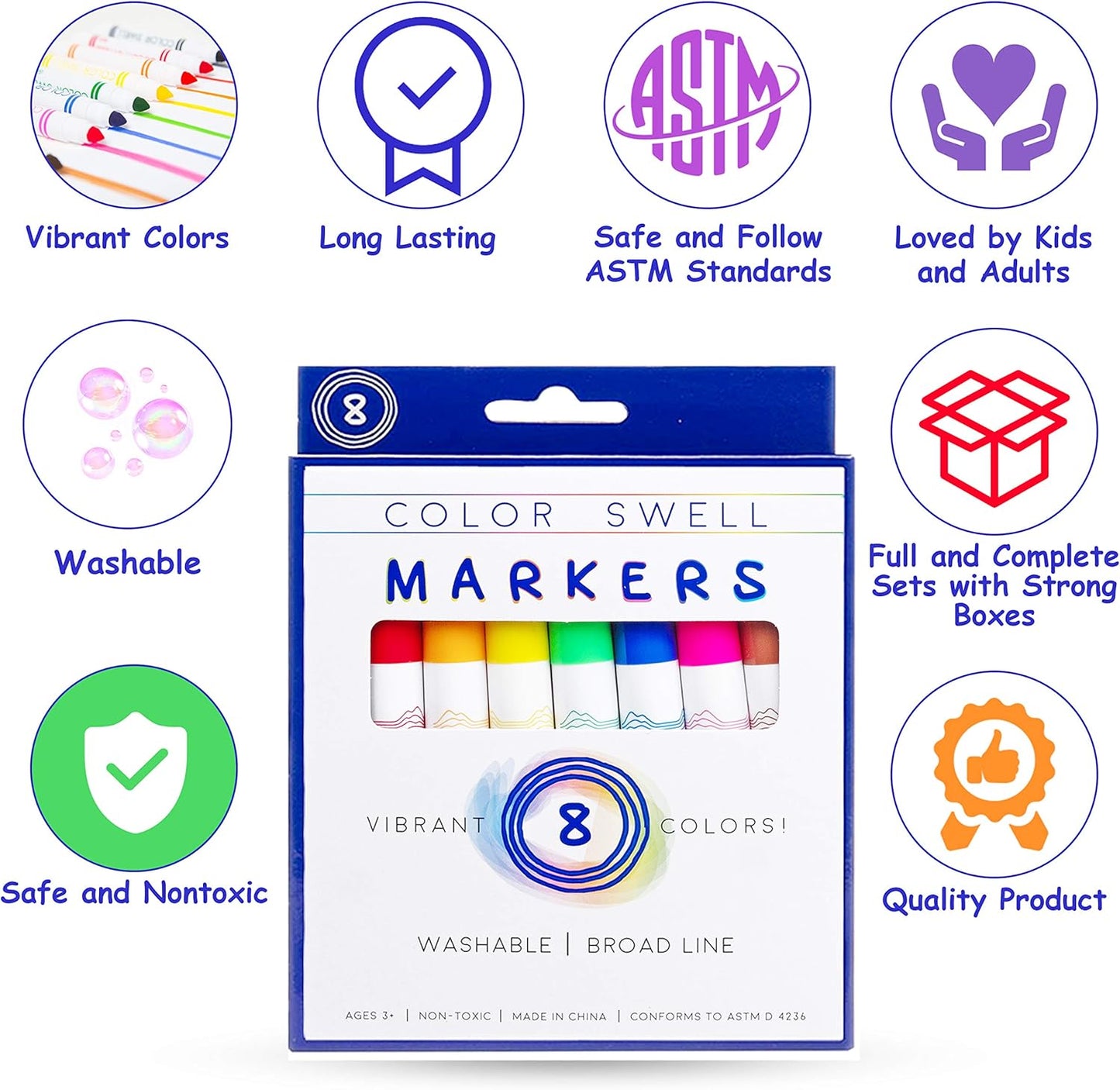 Color Swell 8-Pack Broad Line Markers – Washable, Non-Toxic, Ideal for Kids, Students, Adults, and Classroom Activities