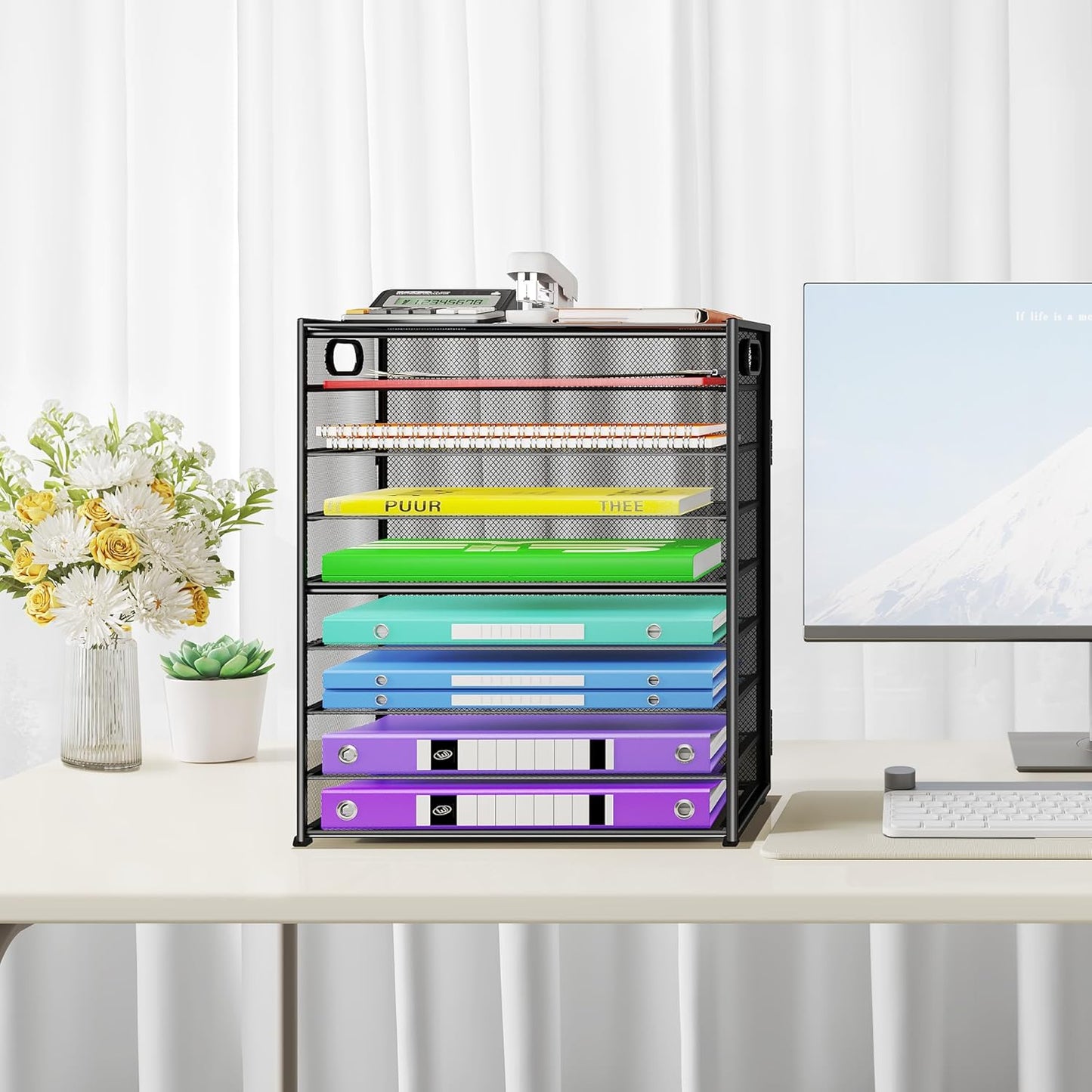 Cawukege 9 Tier Paper Organizer with Handle, Black Large Capacity Desk Organizer Mesh File Folder Letter Paper Tray Desktop Document Sorter for Classroom, School, and Office Accessories Organization