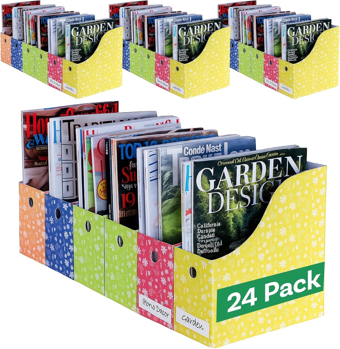 Evelots Magazine File Holder - Set of 24 Multi Color - Office Desk Organizer - Sturdy Cardboard - New Upgraded Double Front Panel for More Stability - Full 4 Inch Wide - Easy Assemble