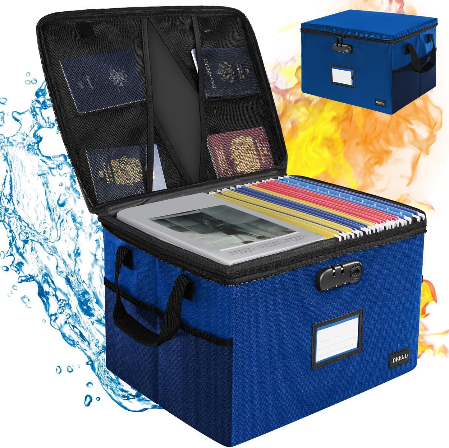 DEEGO Fireproof Document Box, Water-Resistant File Organizer Box with Lock for Document Safe, Collapsible File Organizer with Handle, Filing Cabinets for Home Office for Hanging Letter/Legal Folder
