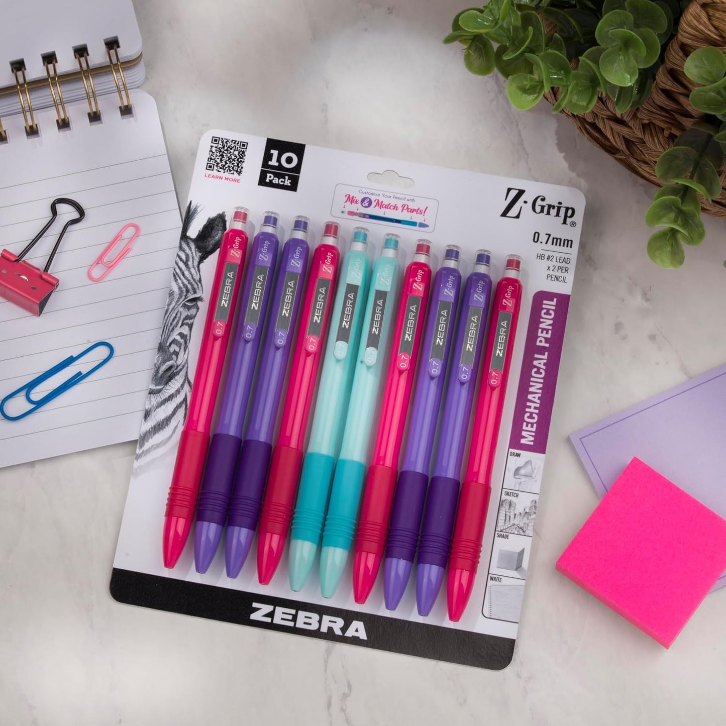 Zebra Pen, Z-Grip Mechanical Pencil, Smooth Writing, Latex-Free Grip, 0.7mm Lead, #2 HB, Pre-Loaded with Lead and Eraser, for School, Office, Everyday Use, Refillable, Clear Barrel, 24-Pack, (15241)