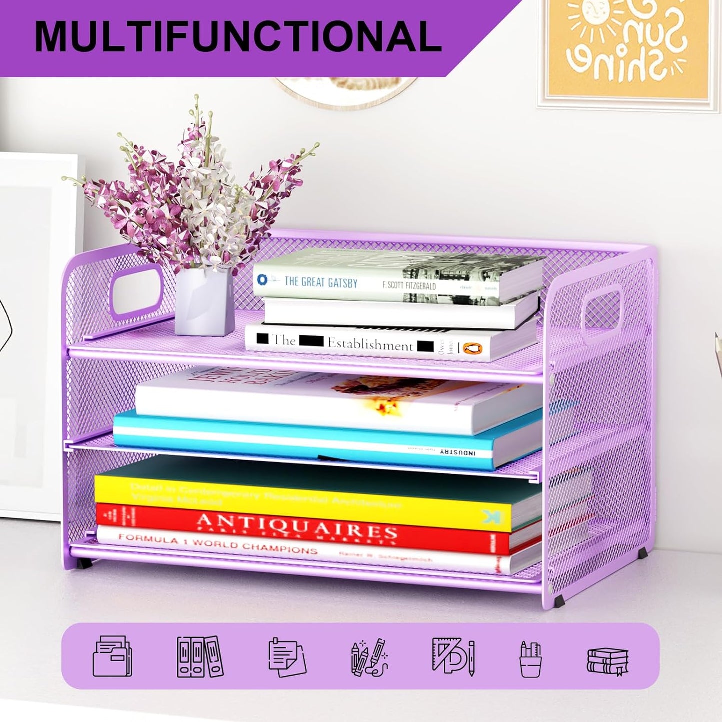 3 Tier Paper Letter Tray Organizer for Desk, Mesh File Folder Document Organizer with Handle for Home Office Supplies Desktop Accessories, Pink