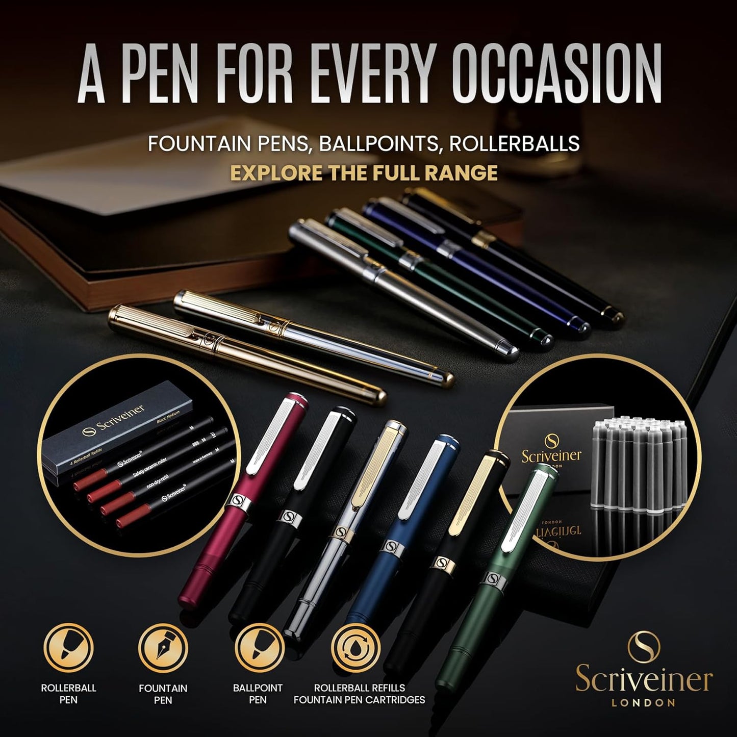 Scriveiner Black Rollerball EDC Luxury Pen, Stunning Pocket Pen with Chrome Finish, Cool Writing, Best Gift for Men & Women, German Schmidt Refill, Nice Present, Fancy Office Designer Set