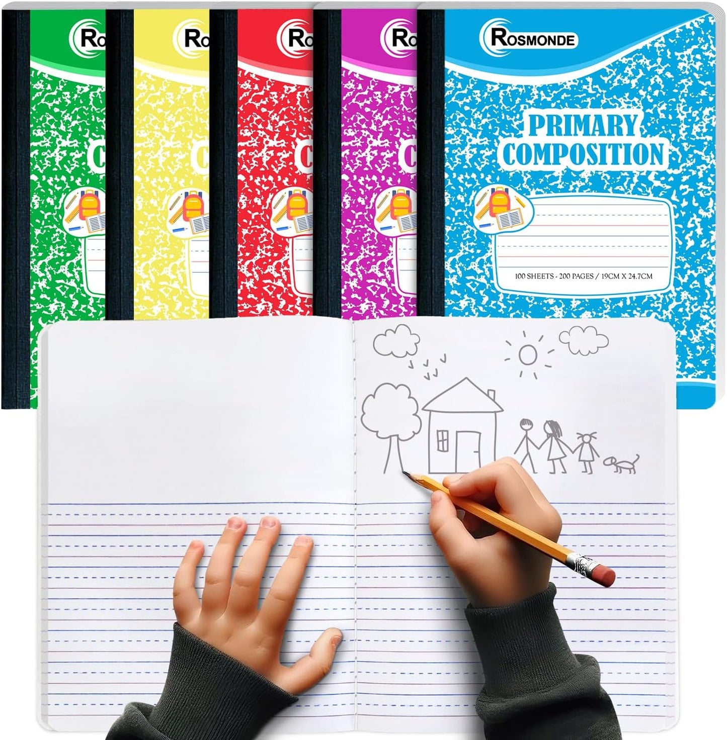 Rosmonde 5 Pack Primary Composition Notebook, 200 Pages (100 Sheets), Drawing Story Journal Writing Notebook, 9-3/4 x 7-1/2, Primary Composition Notebooks, Grades K-2, With Header For Drawing